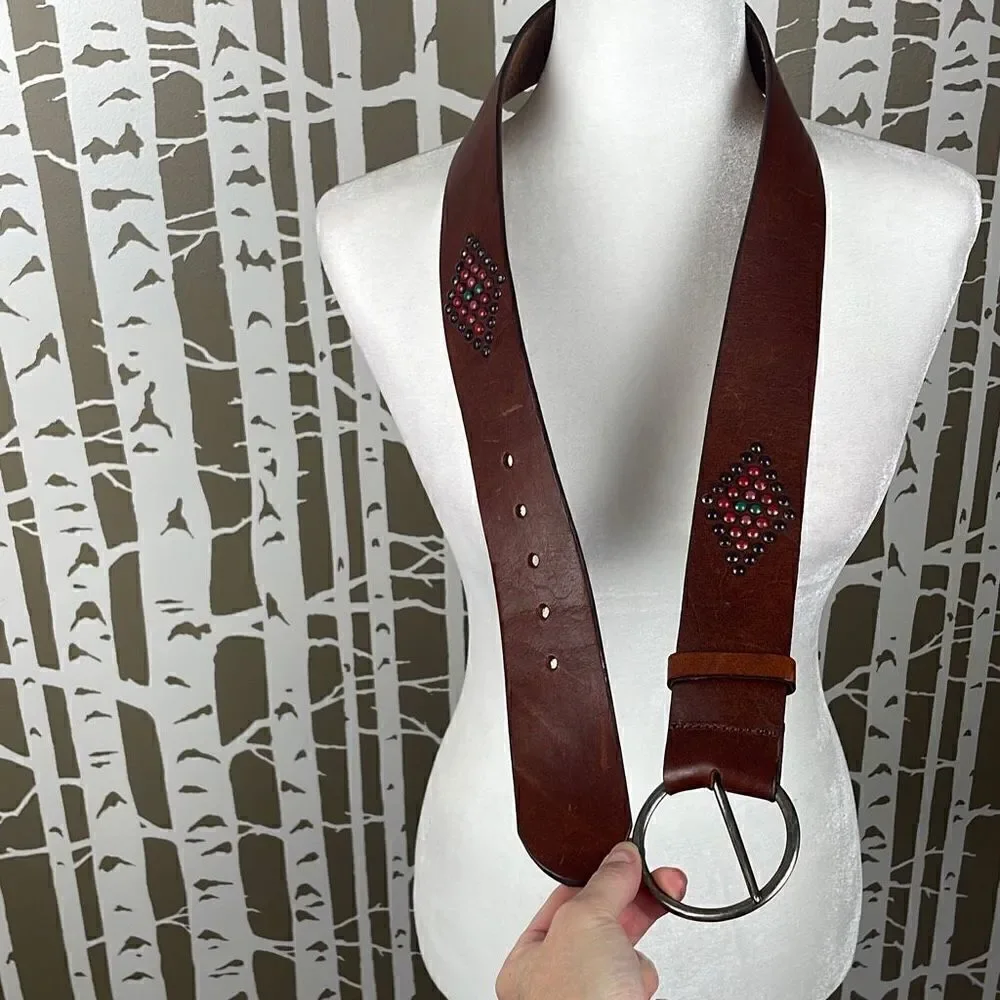 Boho Colorful Studded Brown Leather Belt L